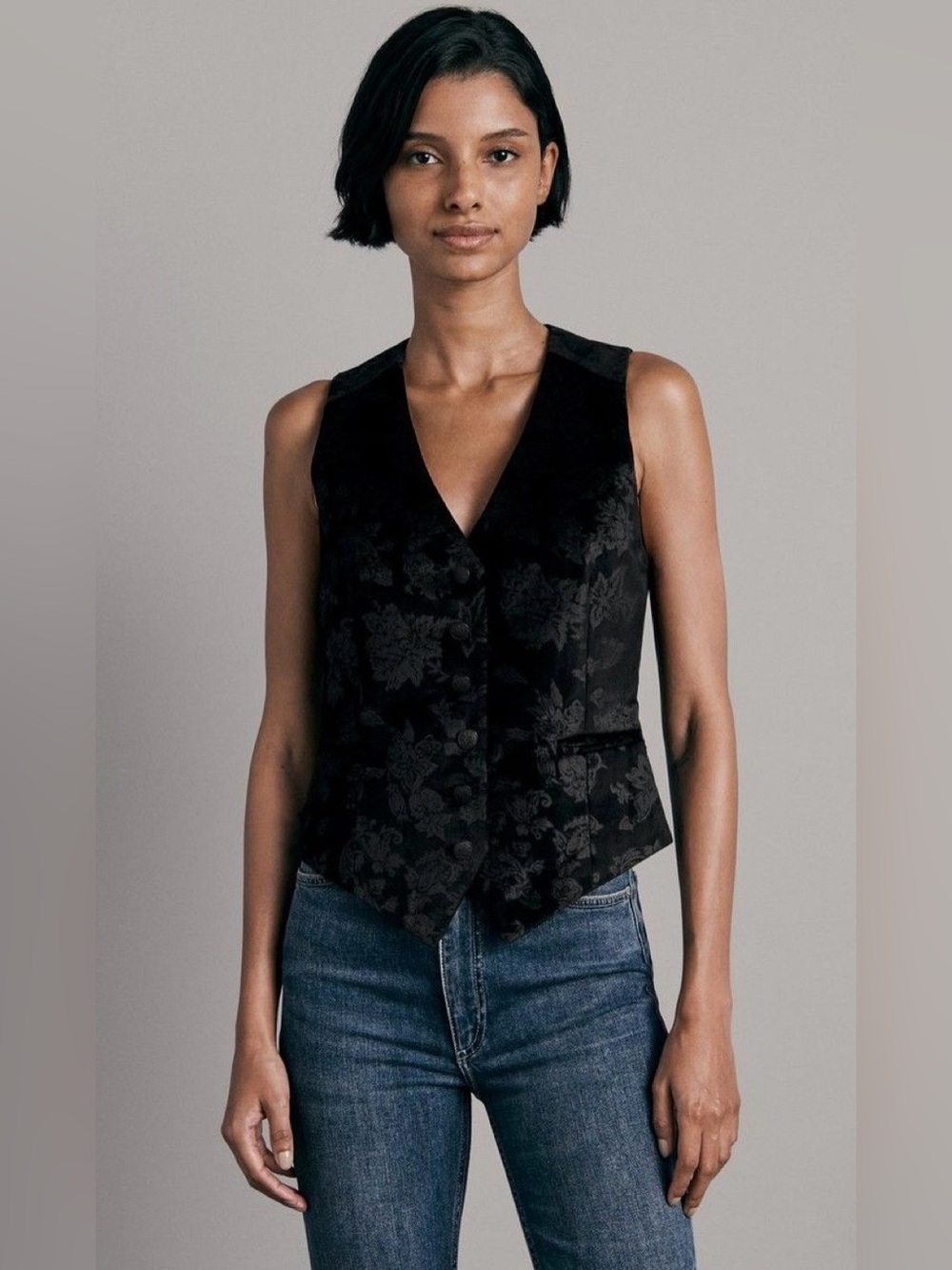 Rag & Bone Vanessa Velvet Vest Black Retro Floral Brocade Size 8